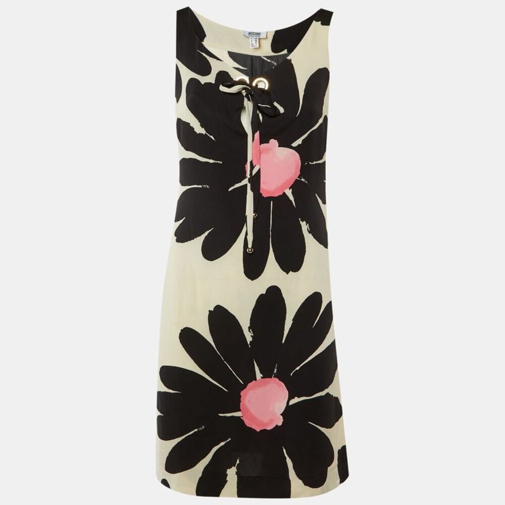 Moschino Cheap & Chic Black & Beige Floral Printed Silk Shift Dress S